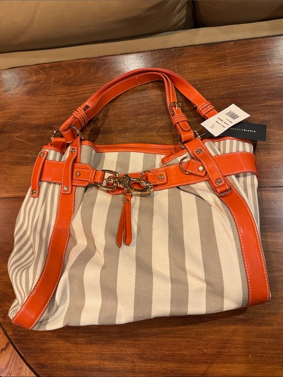 HOBO Handbags - NWT Francesco Biasia Perfect Striped Canvas Leather Tote Bag Orange Luxury Italy